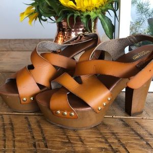 strappy chestnut  leather-like platform heels